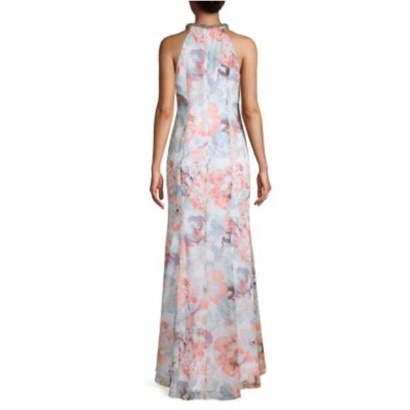 Calvin Klein Blue Floral Ruffle Halter Neckline Sleeveless Maxi Dress 4 Wedding - Picture 2 of 11